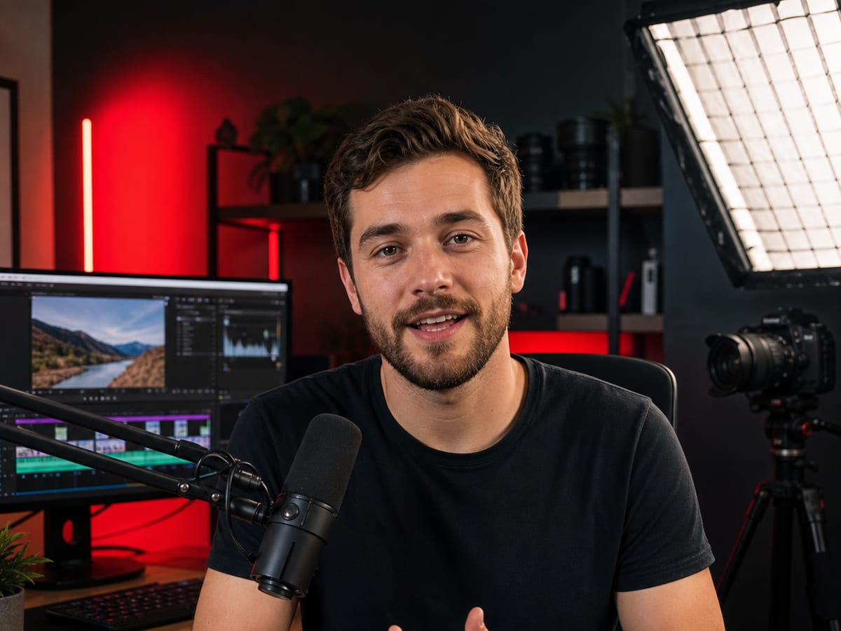 Creator am Schnittplatz mit Kamera, Mikrofon und laufendem Videoschnitt