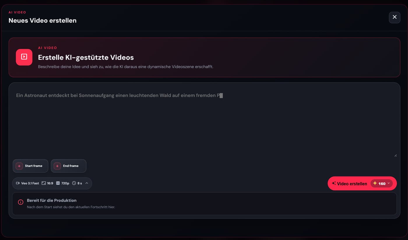 Briefing window for a new video with description field, model, format and length selection and the credit price on the start button